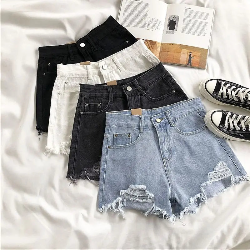 Casual High Waist Denim Shorts Women Summer Pocket Tassel Hole Ripped jeans Short Female Femme Short Pants Women